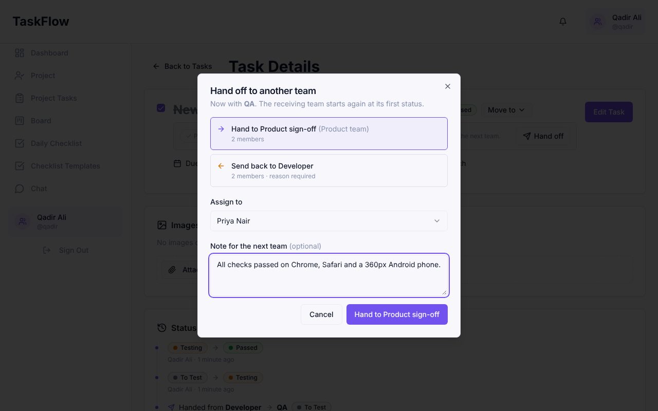 Hand-off dialog with Hand to Product sign-off and Send back to Developer options