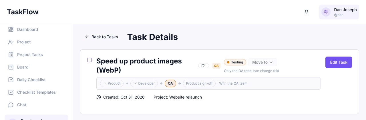 Task page telling a developer that only the QA team can change the task