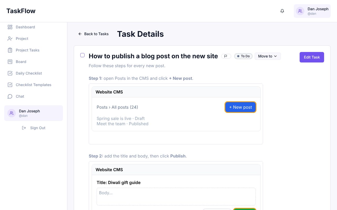 Task description with steps and a screenshot under each step