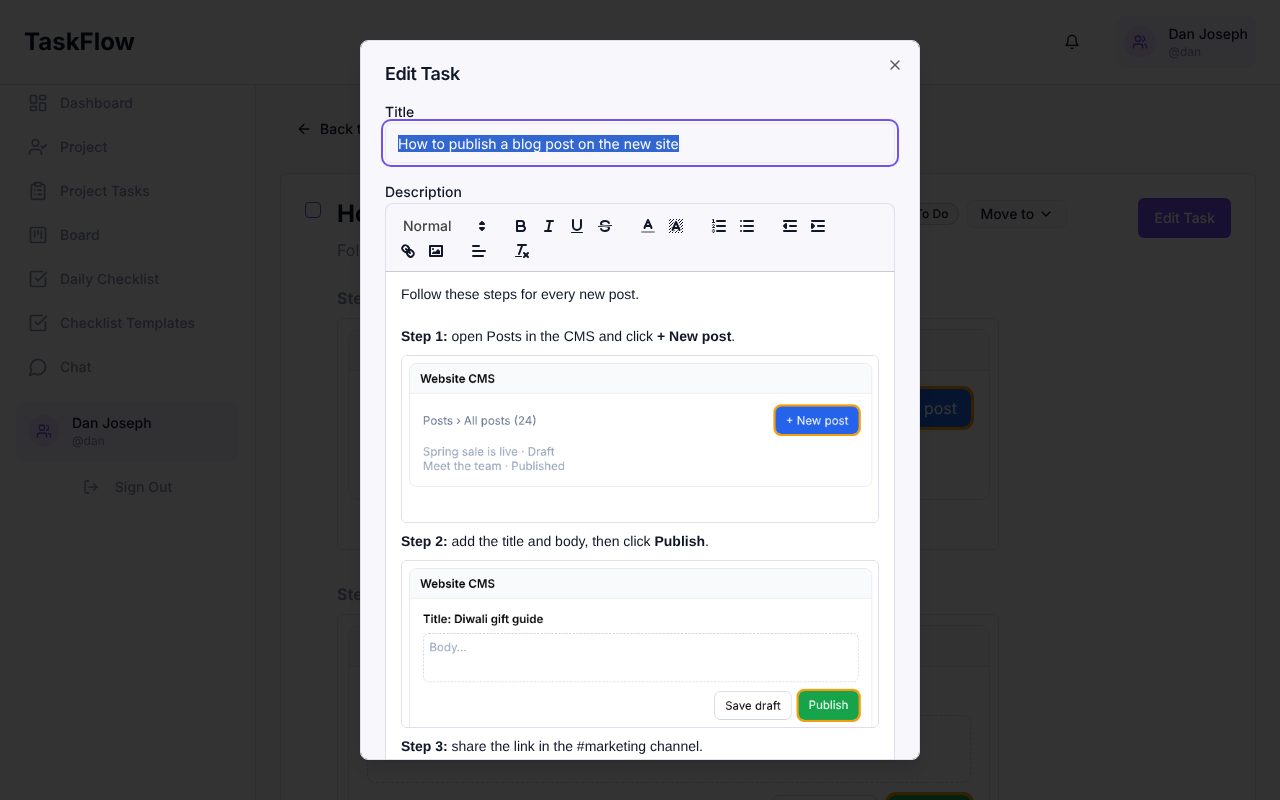Edit task dialog with images inside the description editor