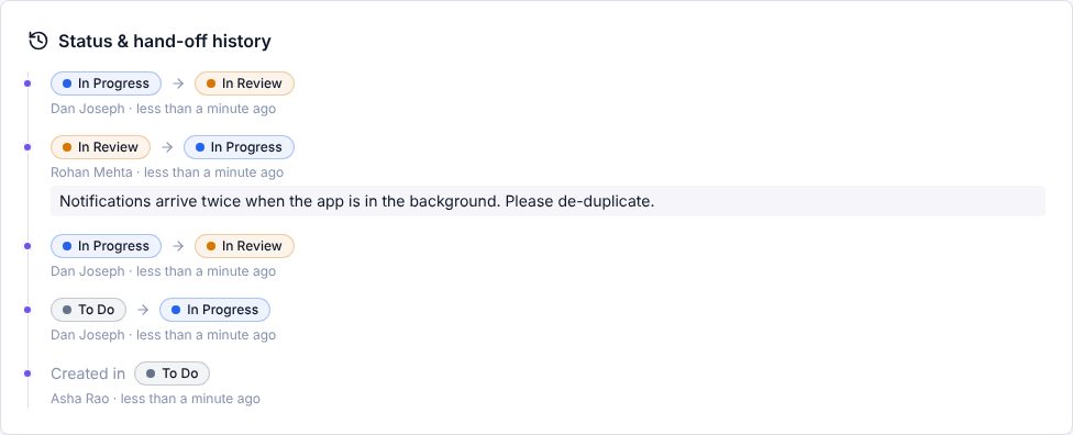 Status history timeline with a reason for requested changes