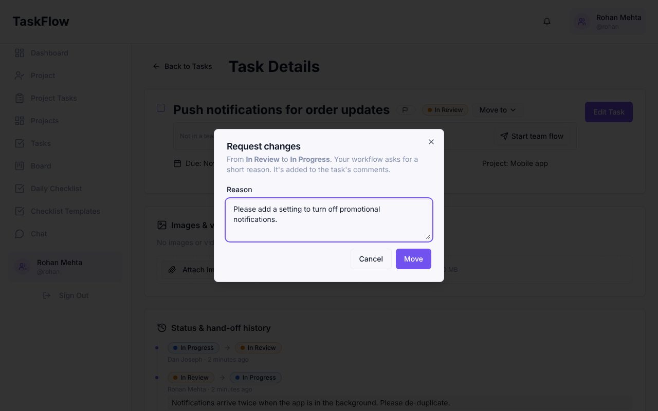 Dialog asking for a reason before requesting changes